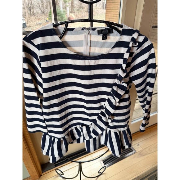 J. Crew Factory Tops - J.Crew Womens Navy White Striped Ruffle Peplum Top 3/4 Sleeve Size S